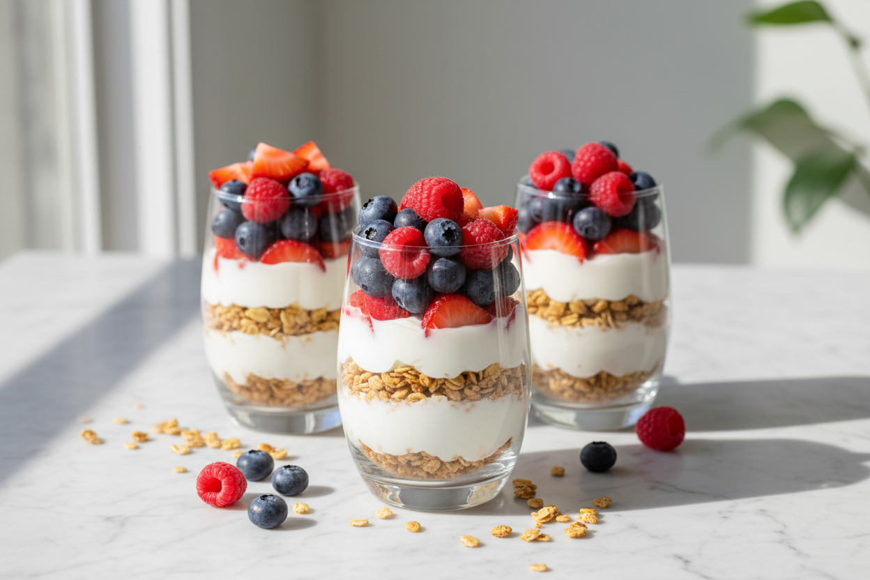 Granola & yogurt parfait, three ways