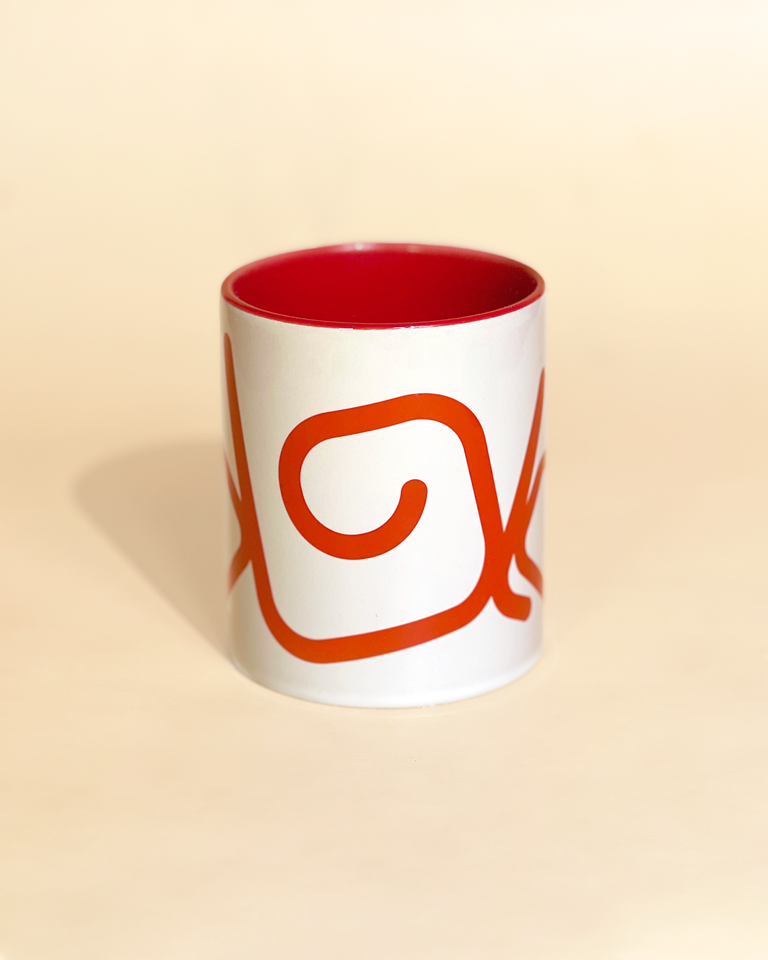 Stylist elegant olaben mug with red olaben logo in white background outside and red background inside